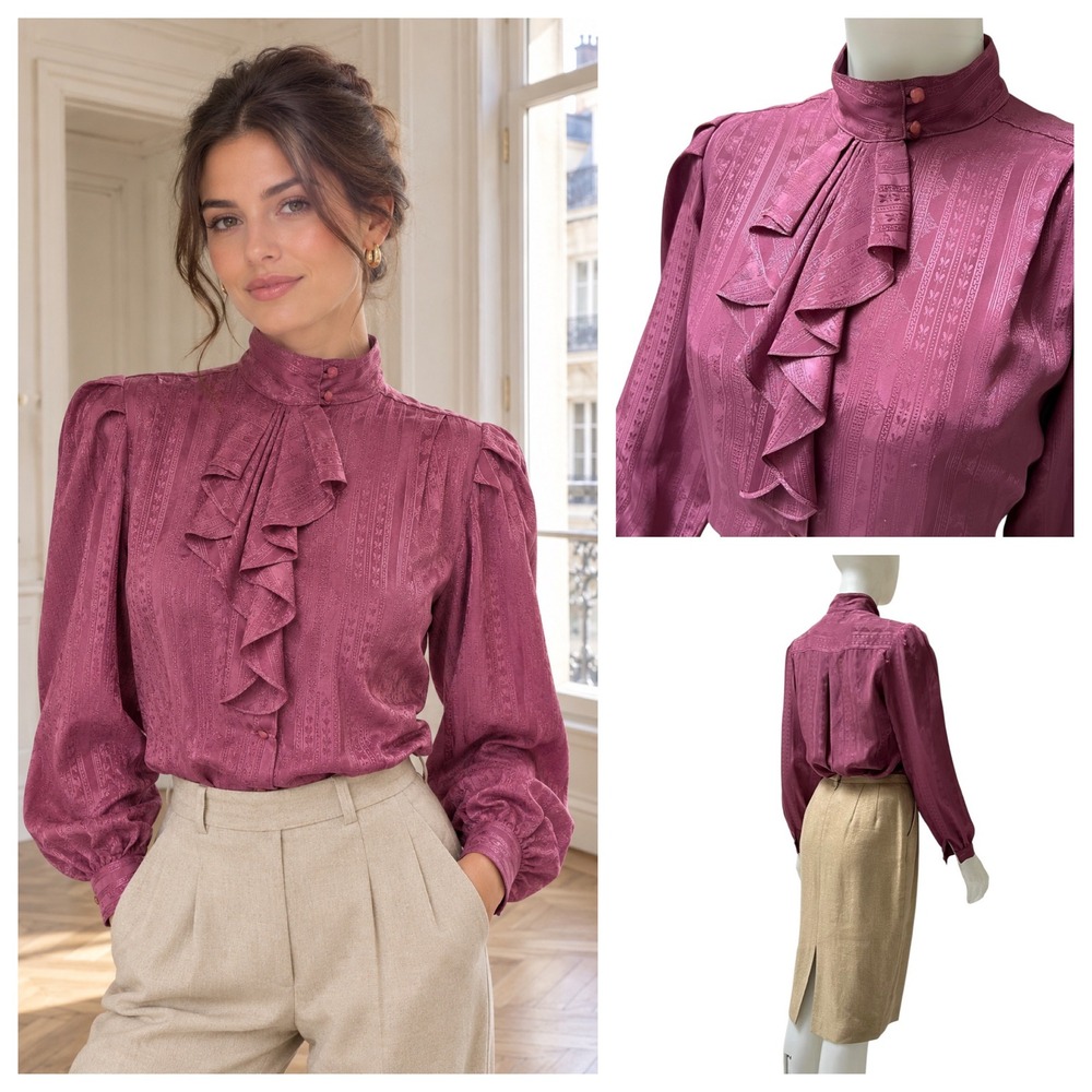 Vintage 70's Berry Pink Satin Jacquard Ruffle High Neck Blouse Secretary Paris